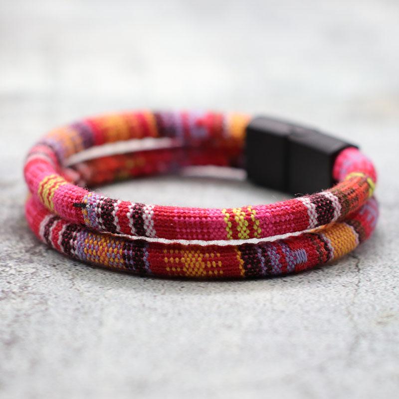 Bohemia Double Layer Rope Bracelet Men Women Handmade Weaven Ethnic Fabric Magnetic Buckle Bangles Stylish Couple Leisure Joias