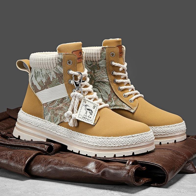 Leather Martin Boots Men's Autumn High-top Men's Boots Autumn and Winter Velvet Tooling Trendy Boots Men's Straw Bottom