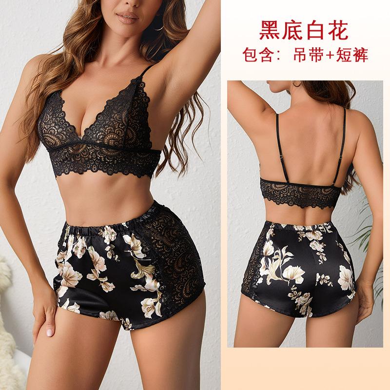 

Сексуальные шорты на подтяжках пижама комплект из двух частей кружево сращивание ледяной шелк печать перспектива L