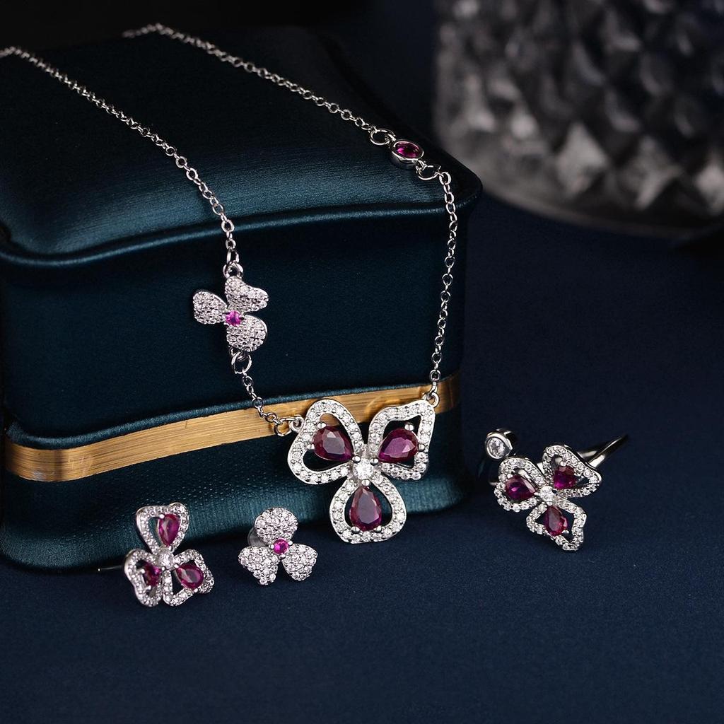 European Three-Leaf Gemstone Jewelry Set: Diamond-Inlaid Necklace, Earrings, Ring for Women - Luxurious, Fashionable, Versatile