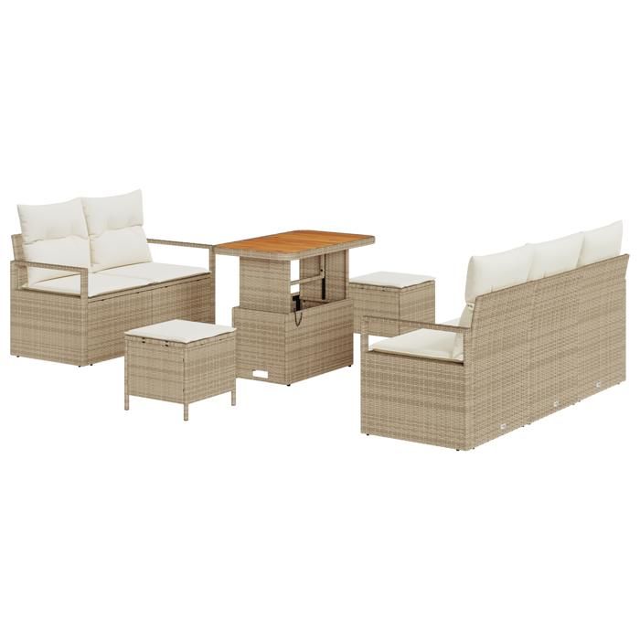 Ensemble de 8 pièces de Canapés de Jardin avec Coussins Rattan Beige Poly Acacia, Canapé de Jardin 2 Places avec Coussins 3362471