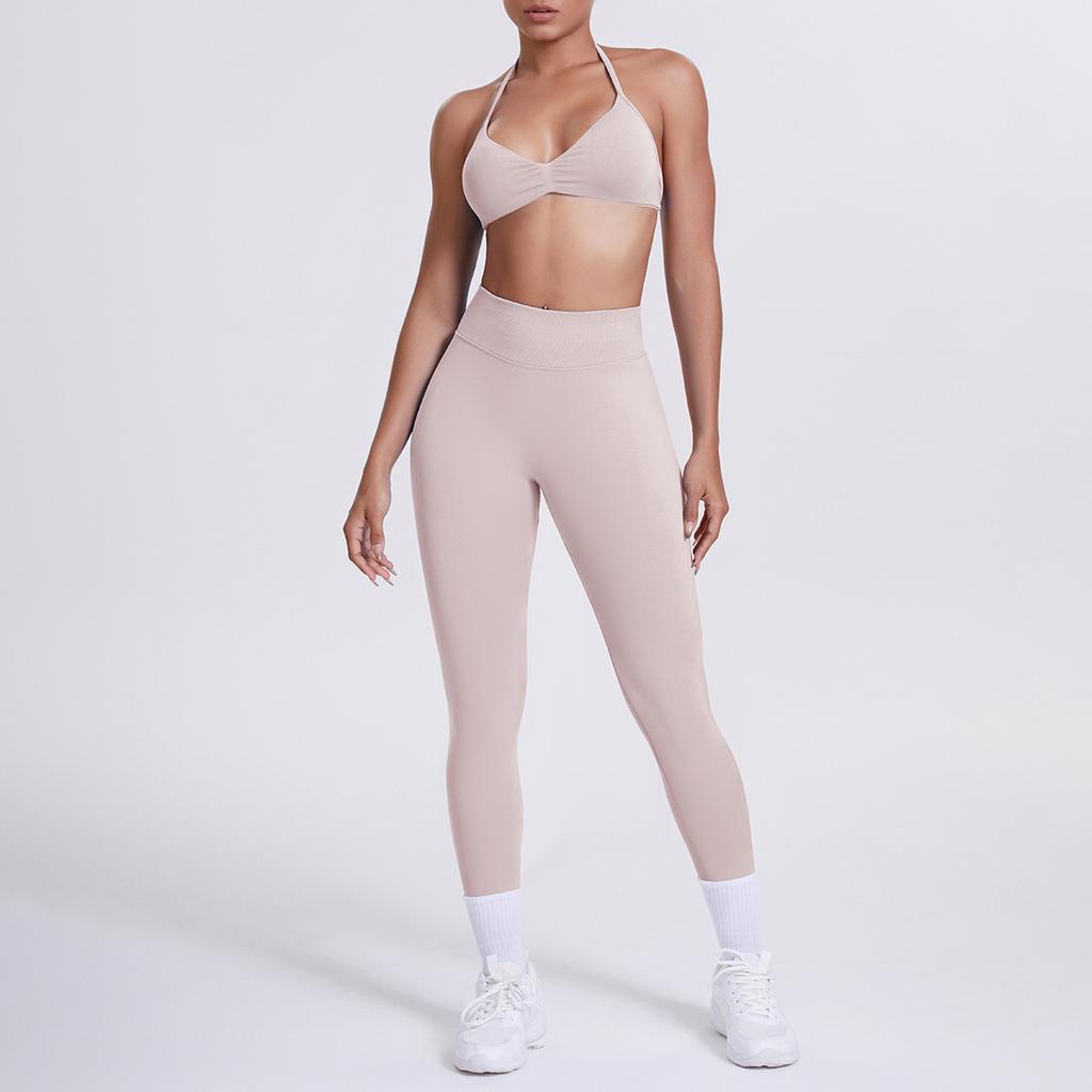 Seamless solid color beautiful back neck bra trousers yoga suit set tight running fitness two-piece set