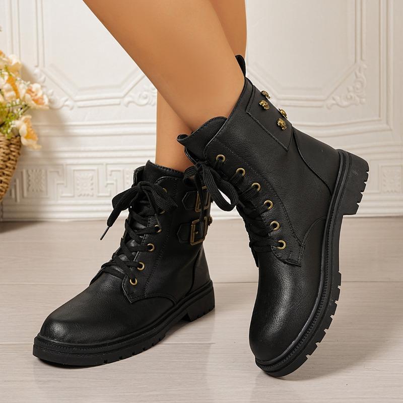 

A New Round Toe Thick-soled Front Lace-up Single Boot for Women s Versatile Shoes 42 чорний