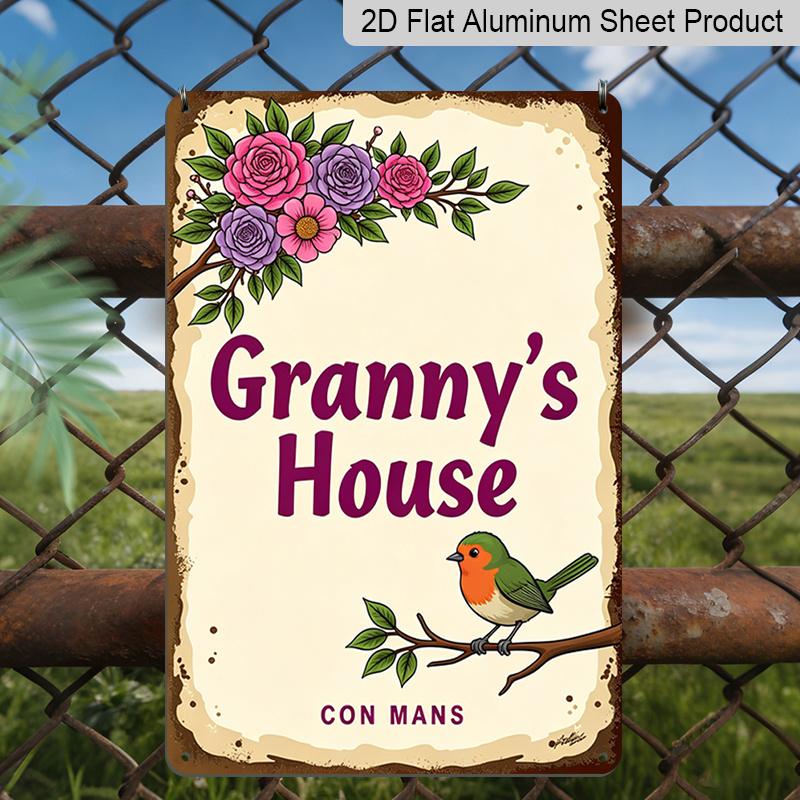 

2D Flat, 1pc Aluminum Wall Art Plaque - Floral & Bird Design with Granny s House Text, 8x12 Inch Rustic Metal Sign for Indoor/Outdoor Home Decor 20*30cm