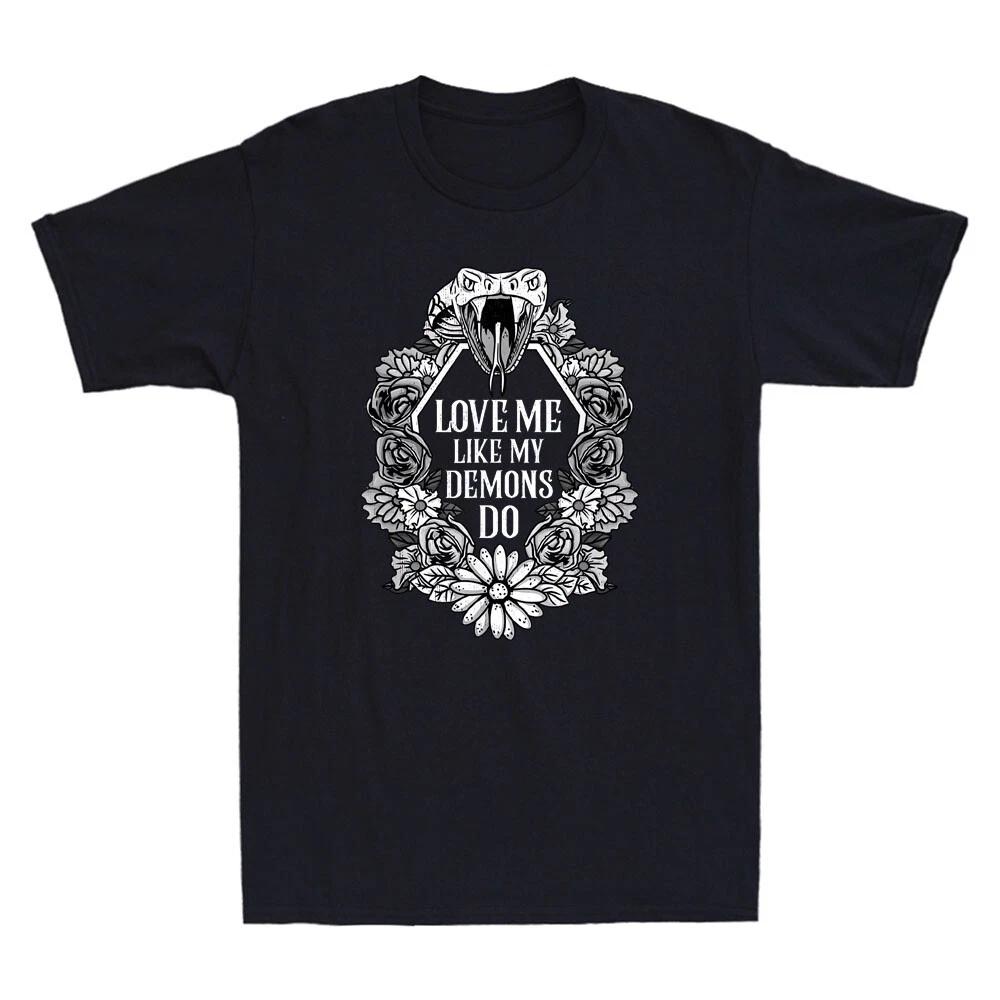 Love Me Like My Demons Horror Snake With Flowers Graphic Vintage Men s T-Shirt M