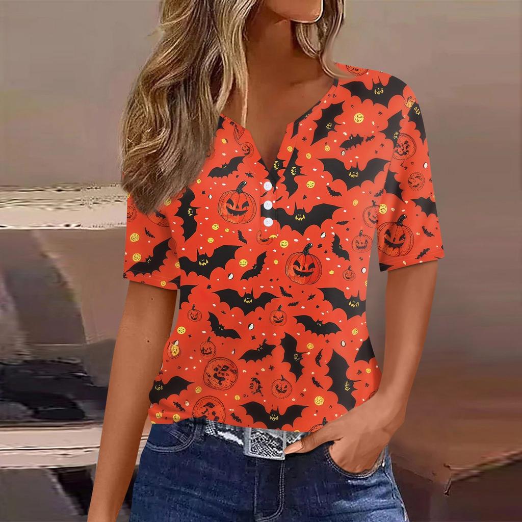 Women's T Shirt Halloween Print Button Short Sleeve Daily Weekend Fashion Basic V- Neck Regular Top