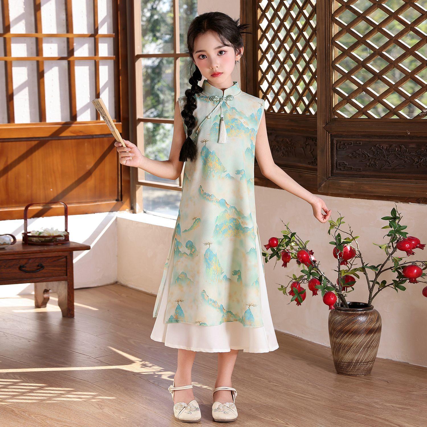 Girls Sweet Hanfu Cheongsam Dress for Summer, Children s Princess Cheongsam-style Traditional Chinese Dress 110