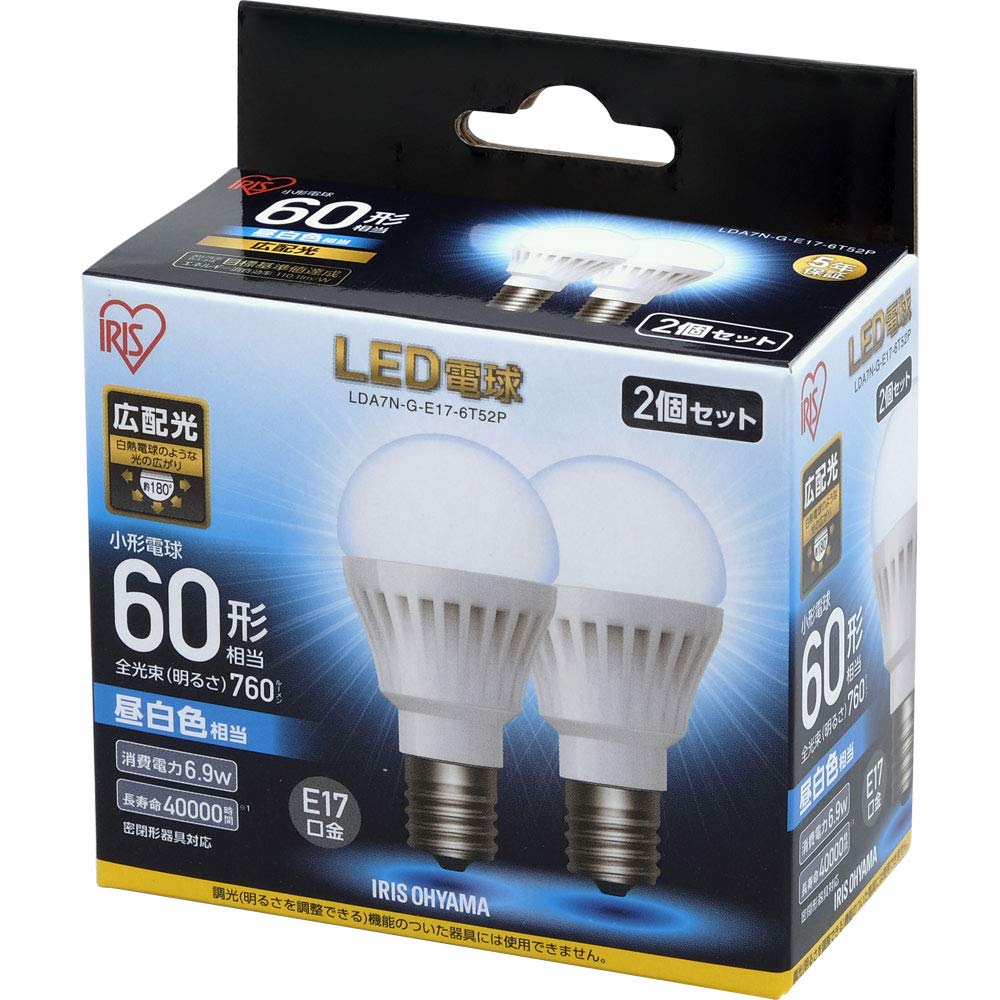 

Energy-Saving Measures: Iris Ohyama LED Bulbs, E17, Wide Beam, 60W Equivalent, Daylight White, Set of 2, LDA7N-G-E17-6T52P