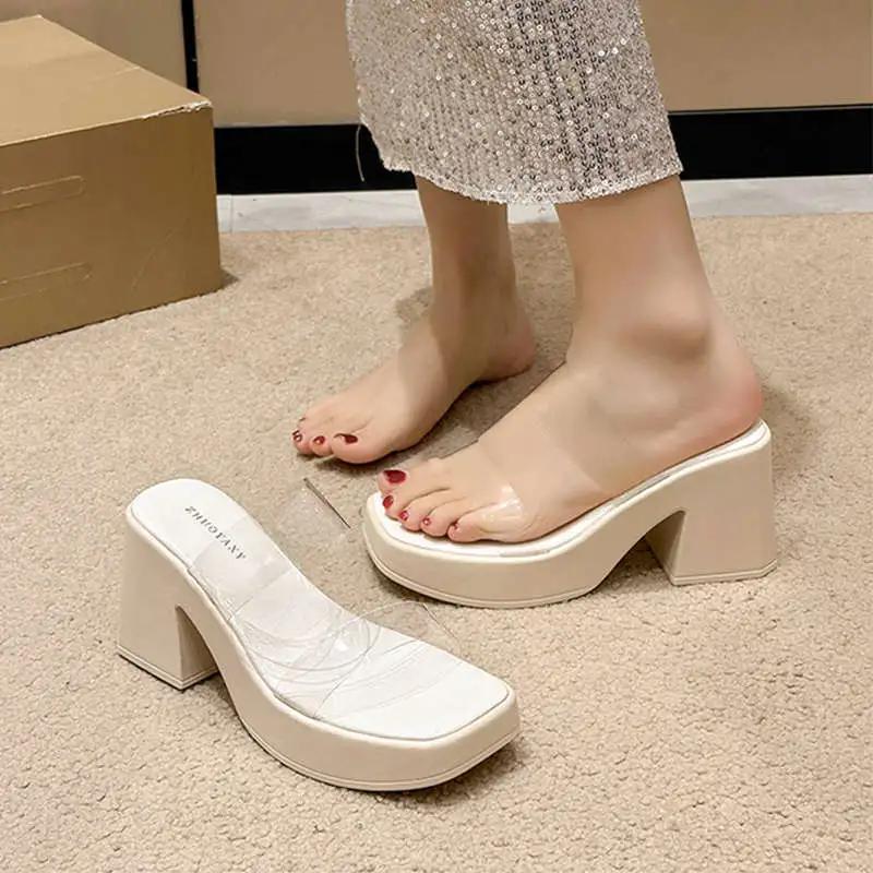 WTEMPO High Heel Sandalen Damen Sommer Dicke Weiche Sohle Einzigartiges Transparentes Obermaterial Design Aprikosenfarbene Sohle Dicker Absatz Atmungsaktive Mode Vielseitige Slipper