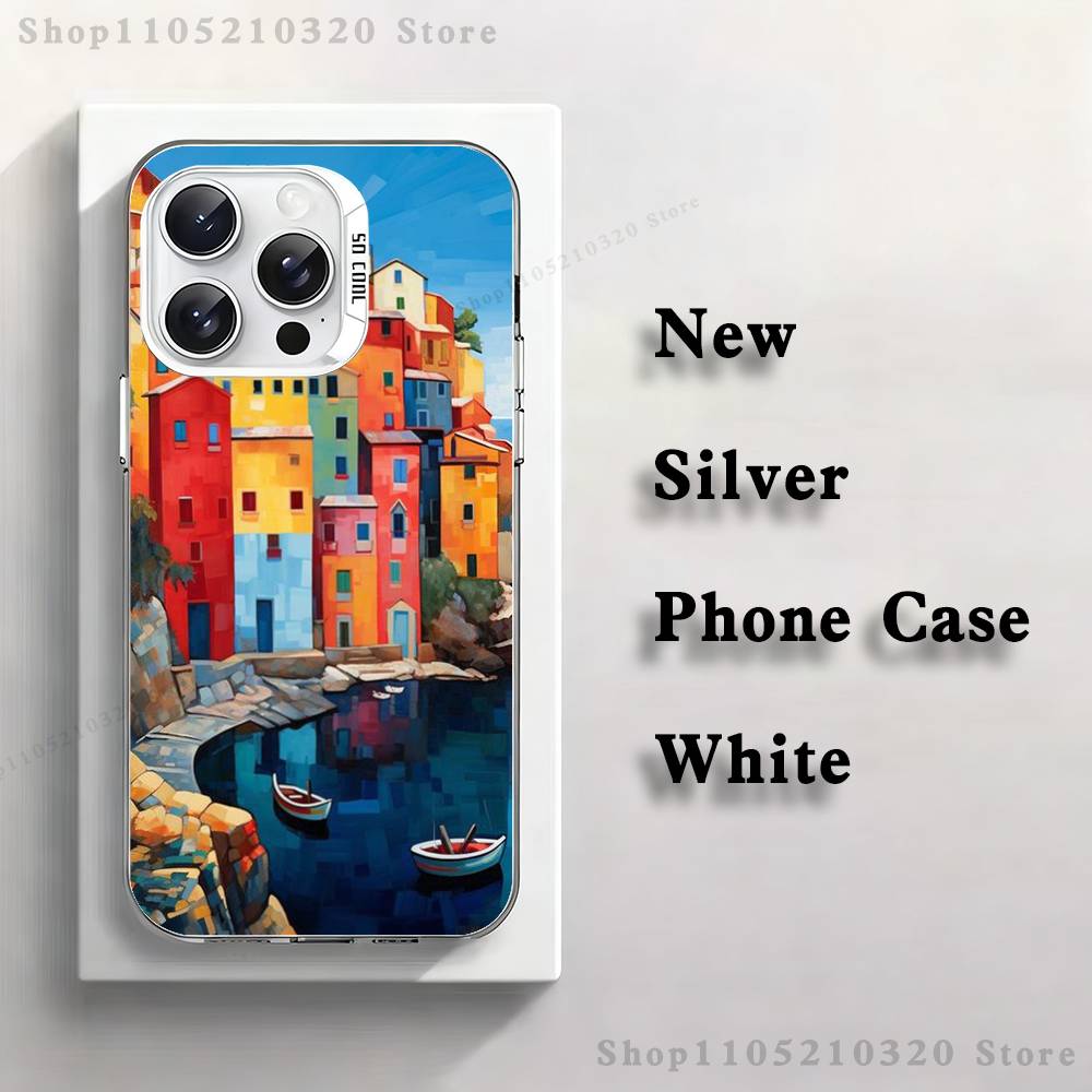 Stylized Houses Painting Phone Case For iPhone 17,16,15,14,13,12,11,Pro,Max,Plus,Mini,XS,SE Anti Fall White Matte Hard Bumper