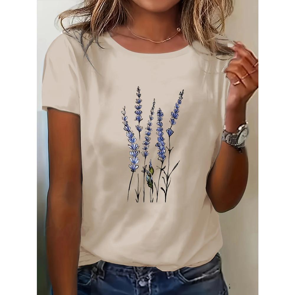 Women's Summer Casual Lavender Floral Print T-Shirt - Korean-Inspired Round Neck Short Sleeve Top Lavender Blouses