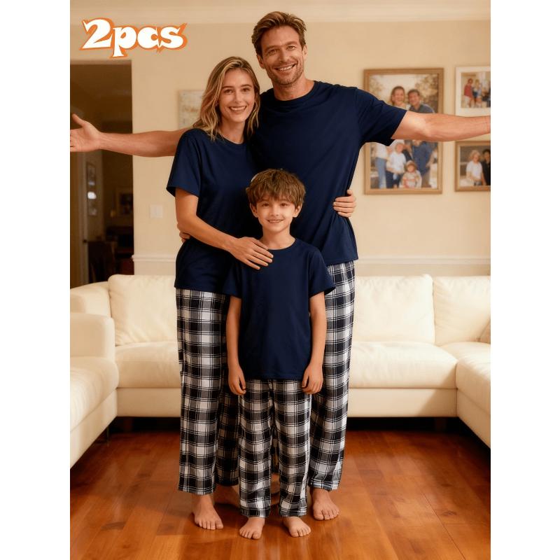 2026 Family Coordinating Loungewear, Soft Short Sleeve Tees Plaid Bottoms, Indoor Family Fun