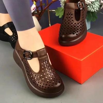 Weiche Ledersandalen für Damen mit dicken Absätzen Rutschfest Hohl atmungsaktiv Sommer Kühl Stiefel