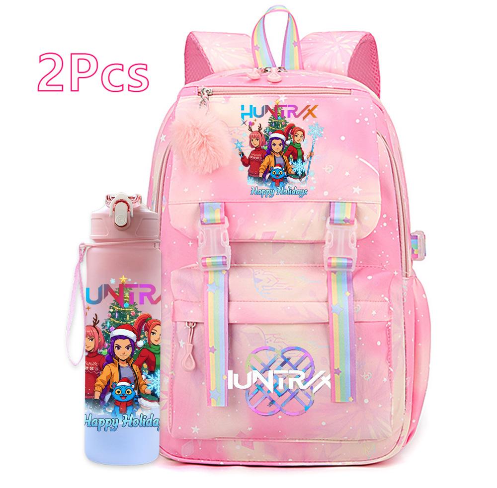 2Pcs/set Christmas K-pop Printed Backpack with 750Ml Water Bottler Large Capacity Travel Bag for Teenager Girl Boy Waterproof Bookbag Kid Gift Rucksak