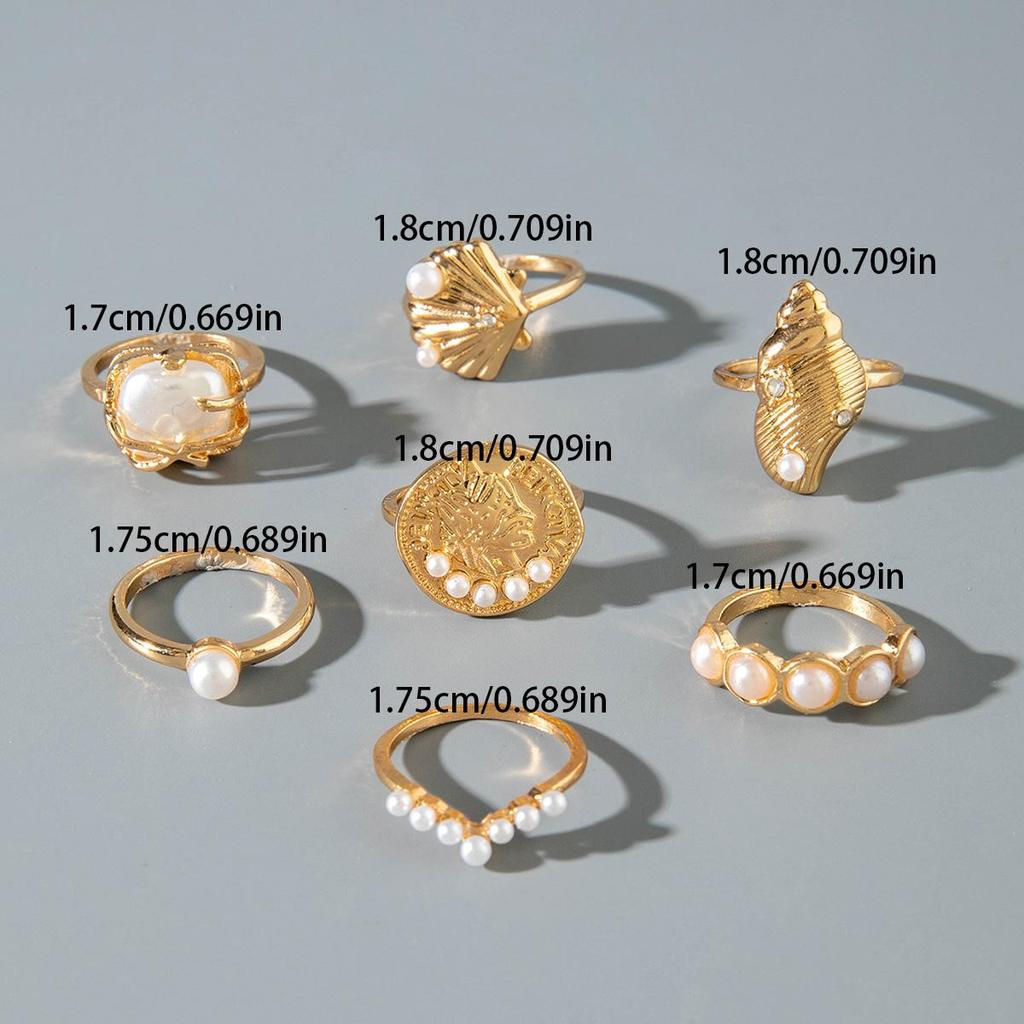 European & American Geometric Baroque Imitation Pearl Ring Set - Sweet And Cool Ins Style Glossy Conch Scallop Metal Ring Women's Jewelry