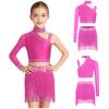 Top Cropped de Ombro Assimétrico para Meninas com Franjas de Strass Brilhantes Conjunto para Performance de Dança