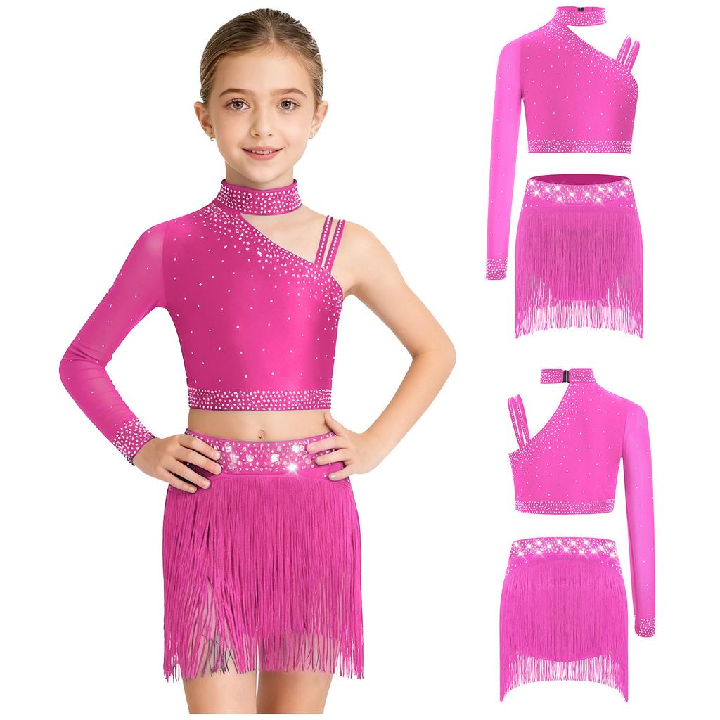 Top Cropped de Ombro Assimétrico para Meninas com Franjas de Strass Brilhantes Conjunto para Performance de Dança
