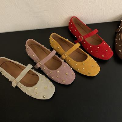 Rivet Red Mary Jane Shoes Women's New Square Head Shallow Mouth Single Shoes Flat Bottom with Small Leather Shoes