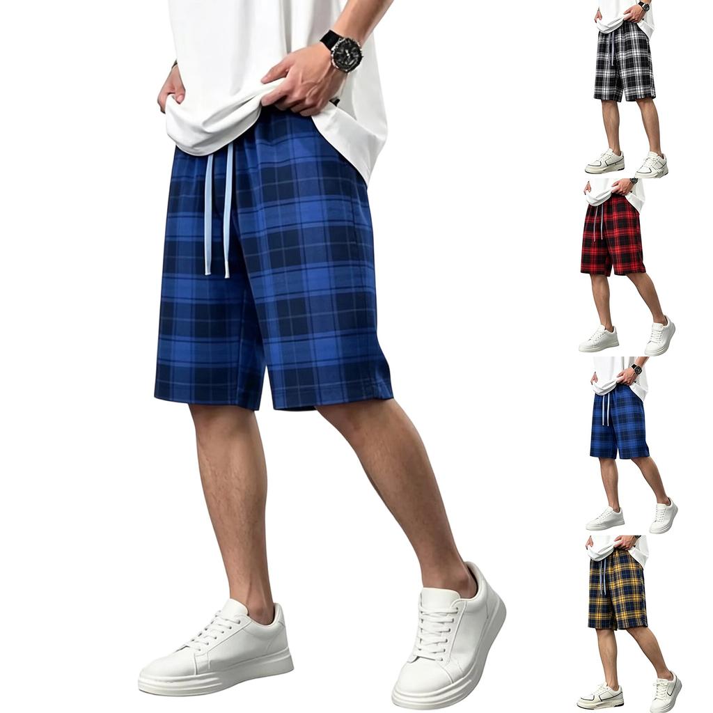 Men Drawstring Waist Plaid Print Casual Shorts Relaxed Fit Lightweight Breathable Fabric Knee Length Summer Bottoms