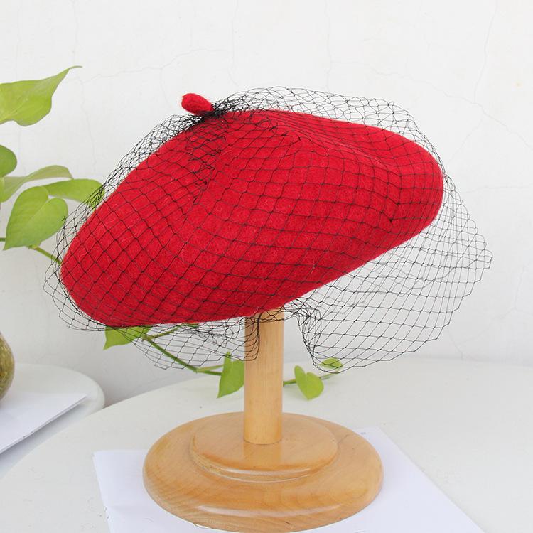 Autumn And Winter Woolen Painter Hat British Retro Lace Mesh Beret Women'S Elegant Fashion Hat