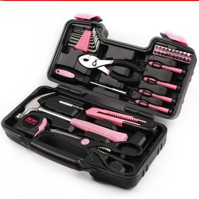 Set di utensili da donna rosa da 39 pezzi con set completo di utensili in acciaio al carbonio in una scatola colorata stampata a soffiaggio