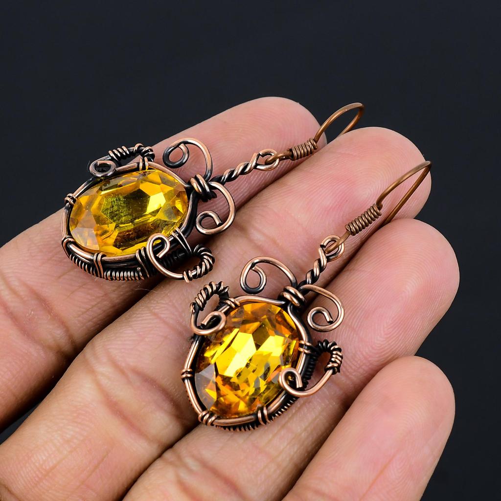 Citrine Earrings, 999 Copper Wire Wrapped Gemstone Jewelry, Handmade Earrings, For Thanksgiving