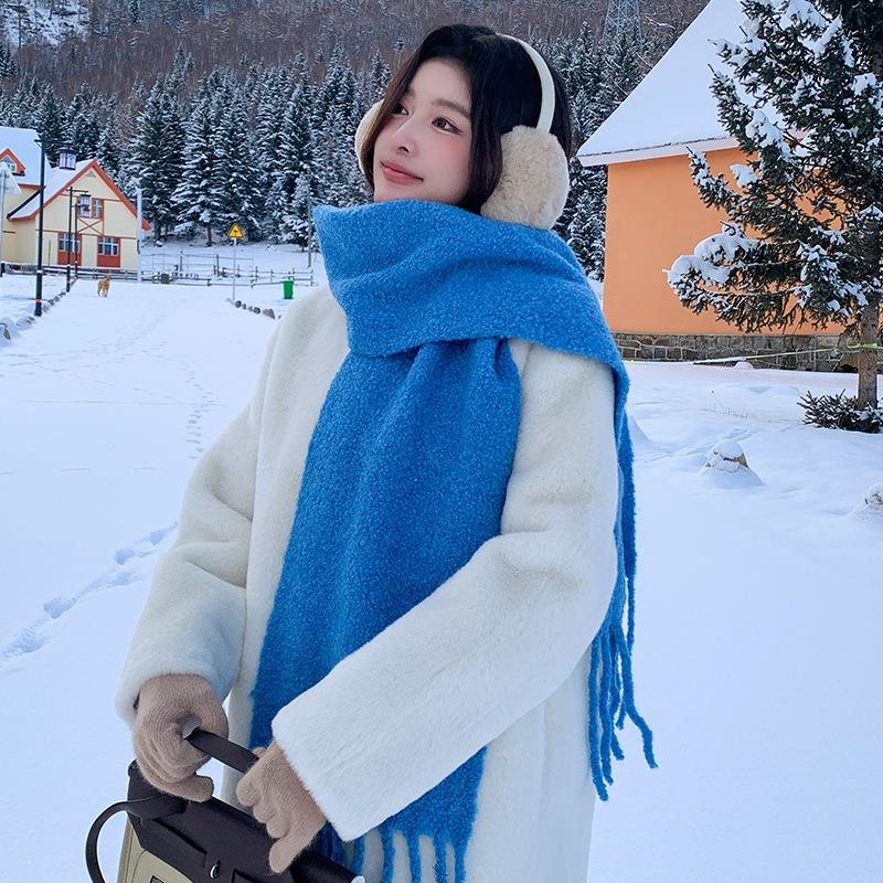 Blue High-end Soft Waxy Camel Wool Knitted Scarf Women's Winter Wool Warm Neck Protection Scarf Thickened and Versatile