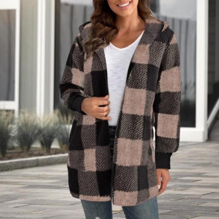 Open Front Hooded Sweater Coat Women Loose Fit Mid Length Plaid Print Knitting Long Sleeve Knitwear