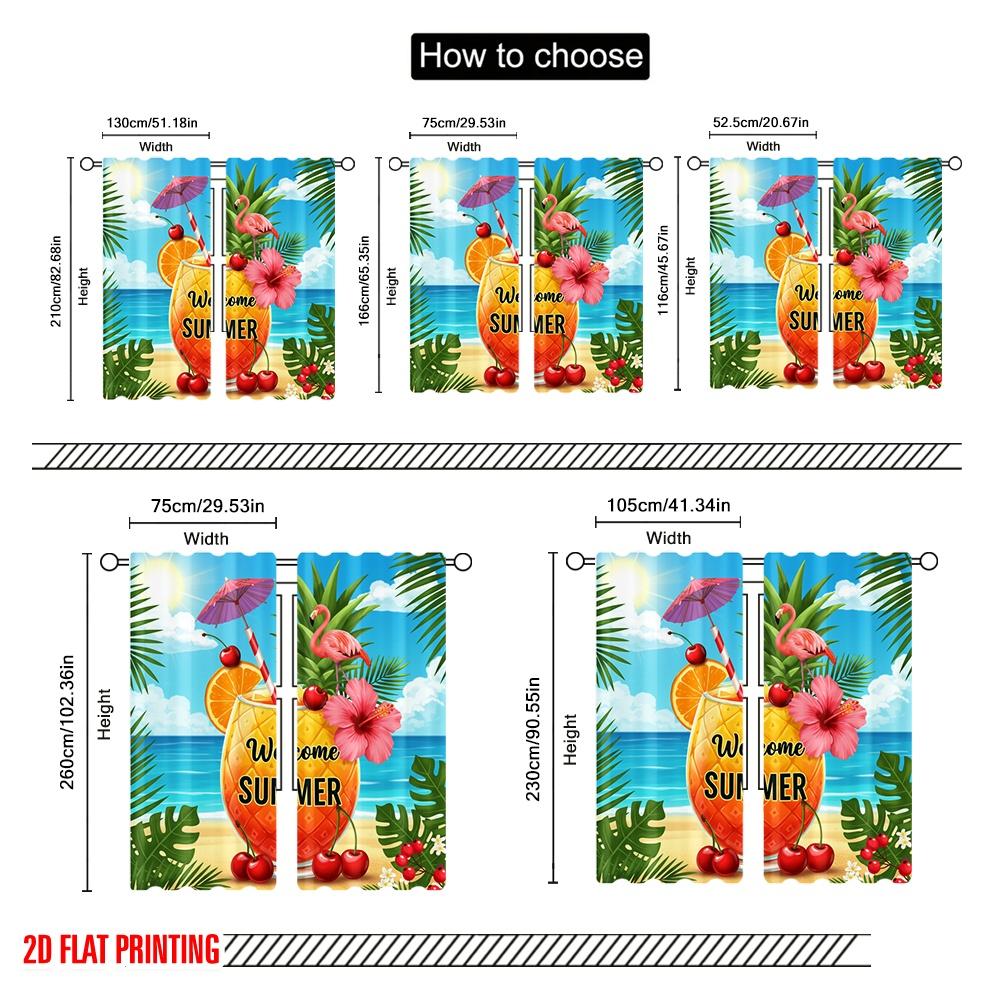 2pcs 2D Flat Printing Party Curtains Welcome Summer Tropical Drink Polyester Without Electricity Festive Holiday Use for Home
