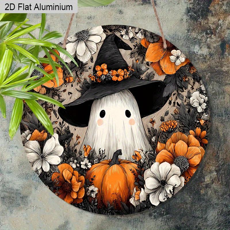 2D Flat Aluminium Rustic Halloween Sign with Wizard Hat Ghost Pattern - Halloween Figurine Ornaments - Ideal for Front Door, Wall, Porch, Window