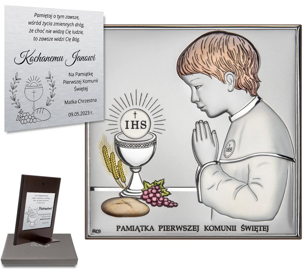 Obrazek srebrny Pamiątka Pierwszej Komunii Świętej z chłopczykiem kolorowy grawer DS48-CO 11 x 11 cm