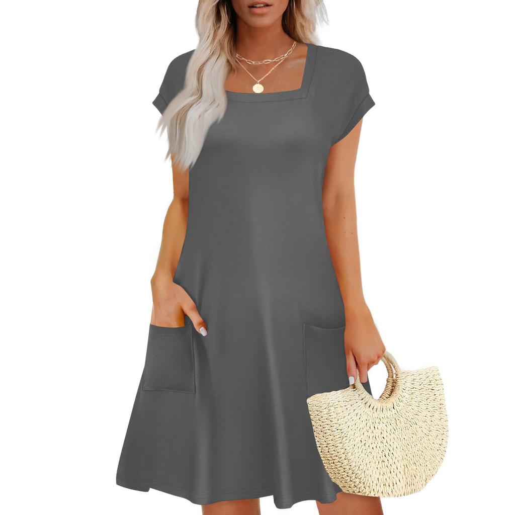 Summer Dresses for Women Loose Square Neck Cap Sleeve Casual Beach Vacation Tshirt Dress Sundresses with Pockets
