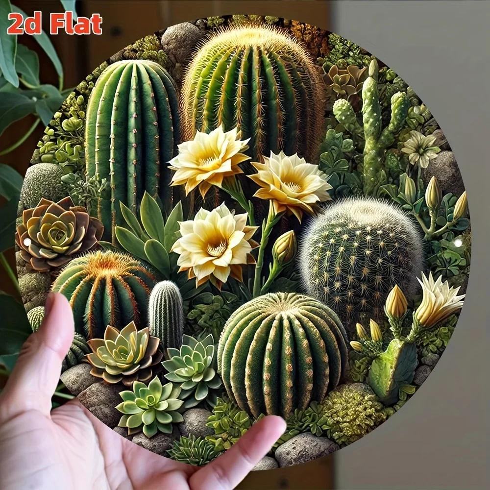 D Flat Round Cactus Sign Desert Aesthetic Wall Art Vintage Aluminum Metal Decor for Home Bar Office