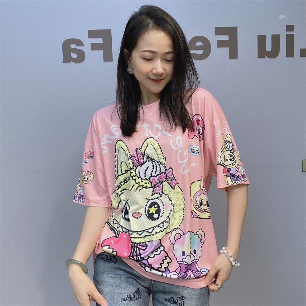 

Женские футболки с коротким рукавом большого размера, расшитые, летняя одежда, тонкие, повседневные, свободные, с круглым вырезом, с принтом, трикотаж с ромбами one size розовый