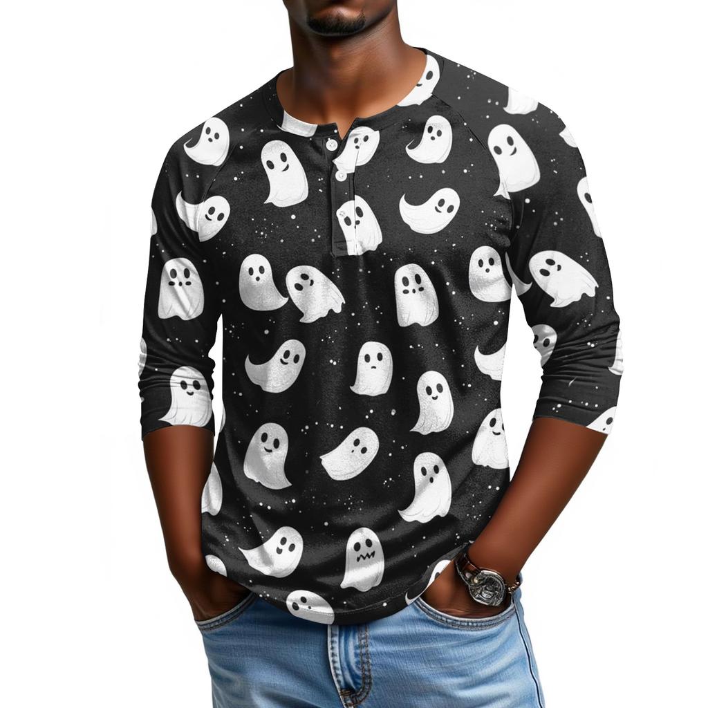 Men's Casual Halloween Print Henley Shirt Three Quarter Sleeve Raglan Top Lightweight Breathable Fabric Comfortable Fit