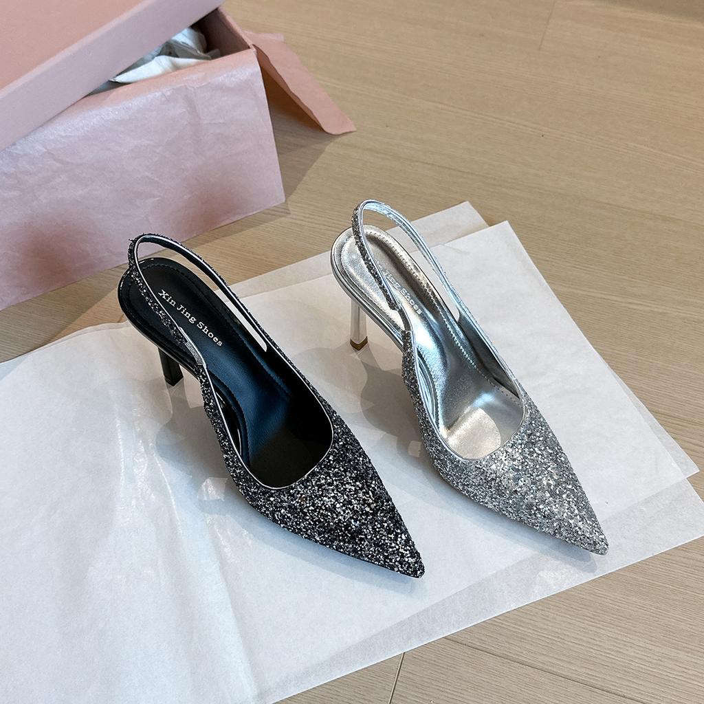 2199-13 Sequined High Heel Shoes Elegant Bridesmaid Wedding Shoes Pointed Thin Heel Silver High Heel Shoes Light Mouth Women's Shoes