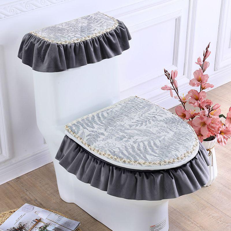 Universal European Style Double-Sided Toilet Seat Cover Set with Zippered Lace Fabric - All Seasons, Three-Piece Set.