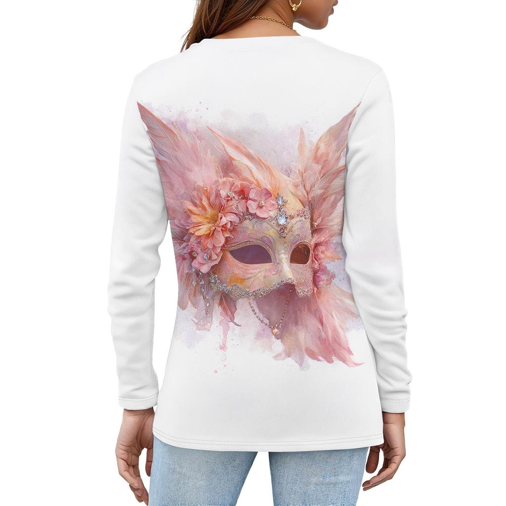 Damen Modisches Karnevals-Print Rundhals Langarm Oberteil mit Schlitzsaum