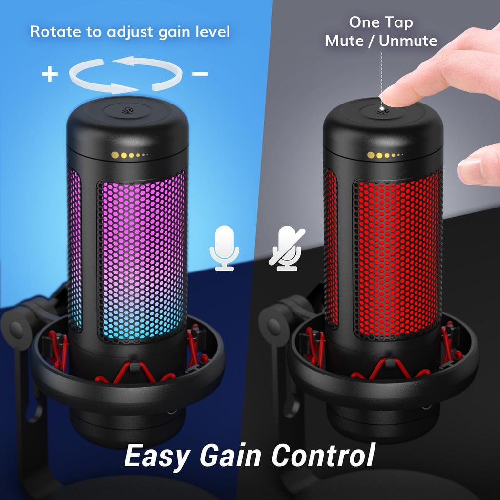 TONOR TC320 Gaming USB Microphone with Condenser Computer PC Microphone with Stand for for Black Microphone, RGB/Gain Control, Streaming, Podcasting,