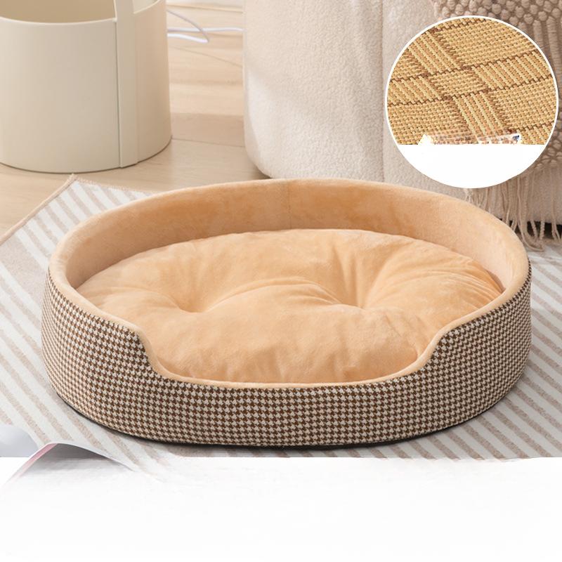 Summer New Cat Nest Dog Nest Pet Nest Chequered Nest Oval with Mat Plush Nest Bite Resistant Non-sticky Fur Pet Nest