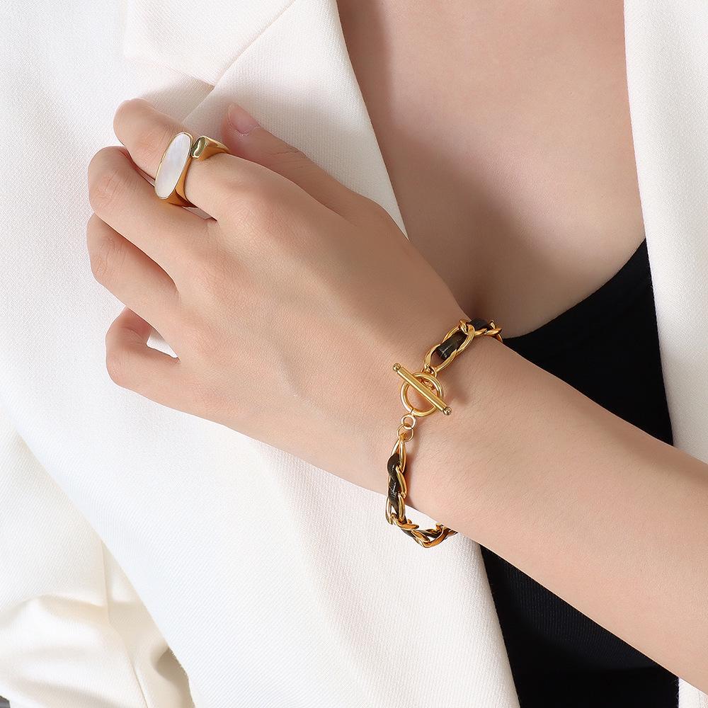 18K Gold-Plated Titanium Steel Hip-Hop Necklace & Bracelet Set with Leather Rope