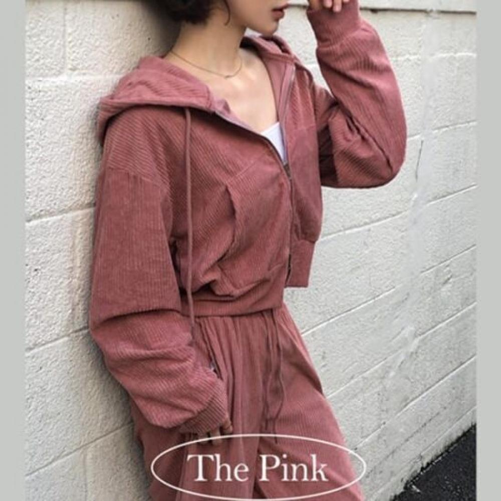 The Pink Women Corduroy Hoodie Zip Up + Banding Wide Pants Set