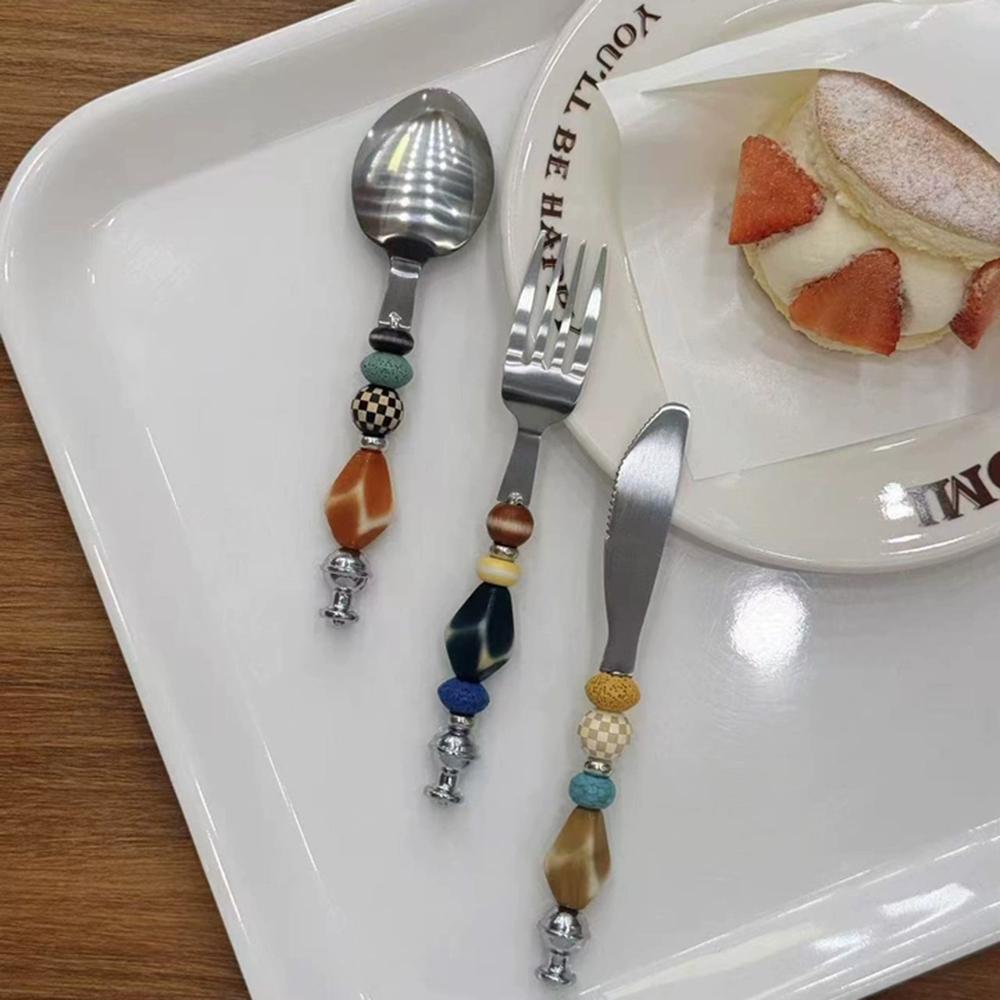 

Luxury Dopamine Cutlery Set Retro DIY Colorful Beaded Stainless Steel Cutlery Set Knife Fork Spoon Creative Gift for Friends