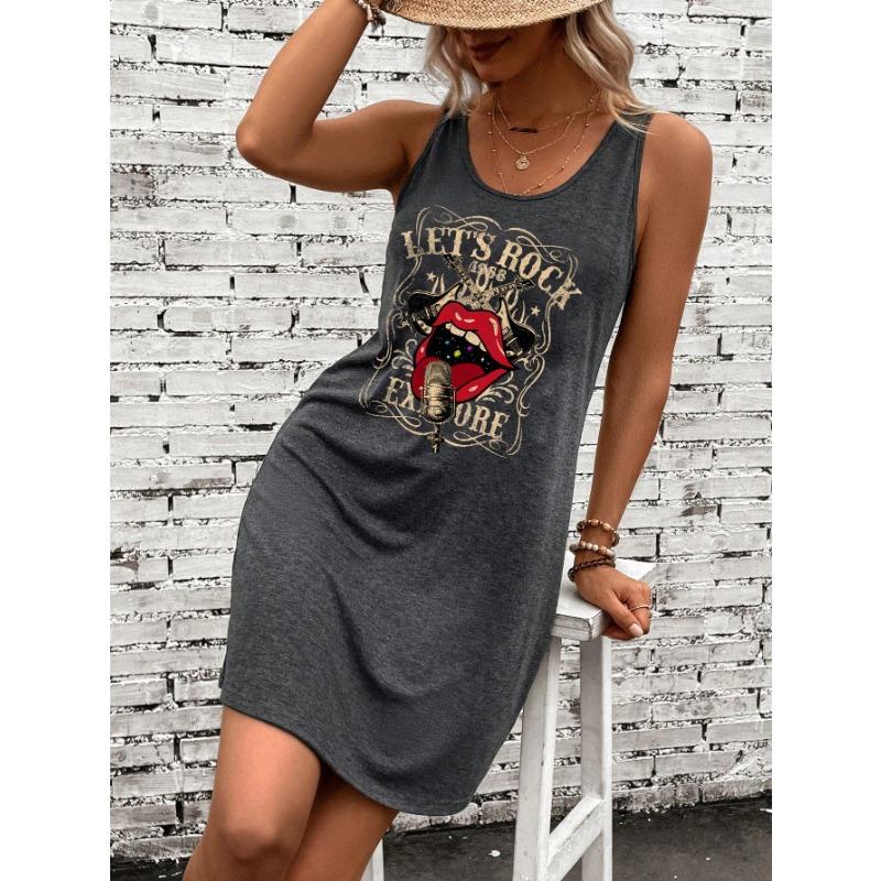 Attitoon Retro Rock Lips Graphic Casual Minimalist Round Neck Sleeveless Dress For Women Dresses Woman Summer