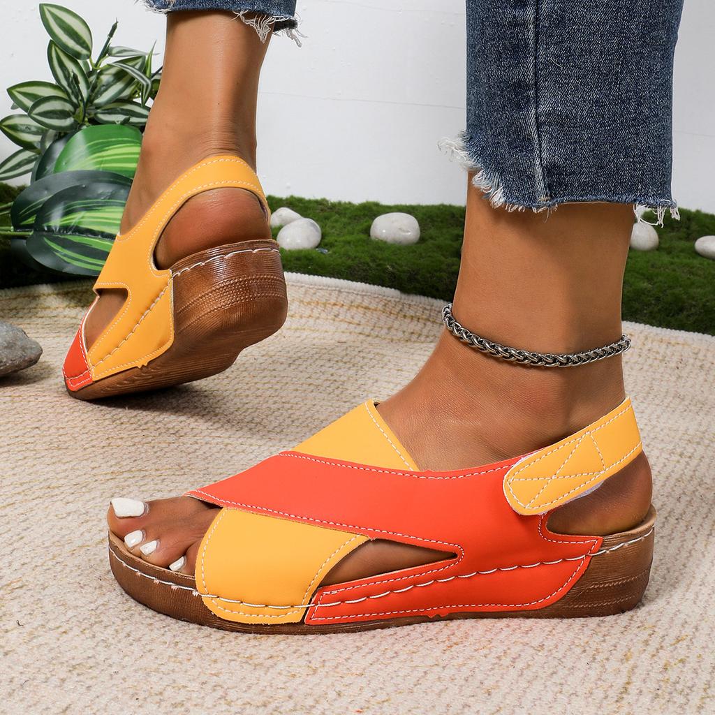 Dames Sandaler med Kontrasterende Kilehæl, Casual Sko med Åpen Tå og Tykk Såle, Komfortable Sandaler med Ankelstropp