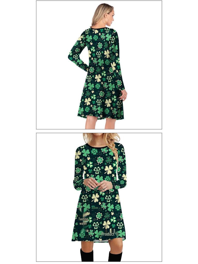 Irish Shamrock Digital Print Long Sleeve Dress - Round Neck, European & American Style
