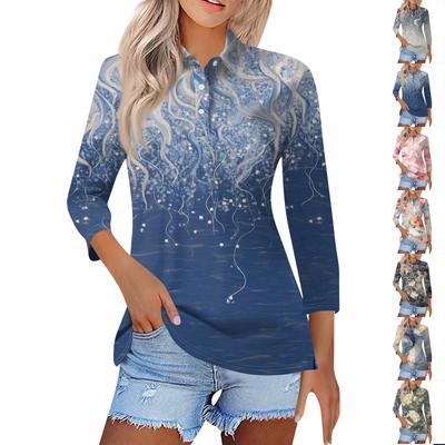 Camisa estampada de manga corta con solapa informal a la moda para mujer Tops con botones para mujer