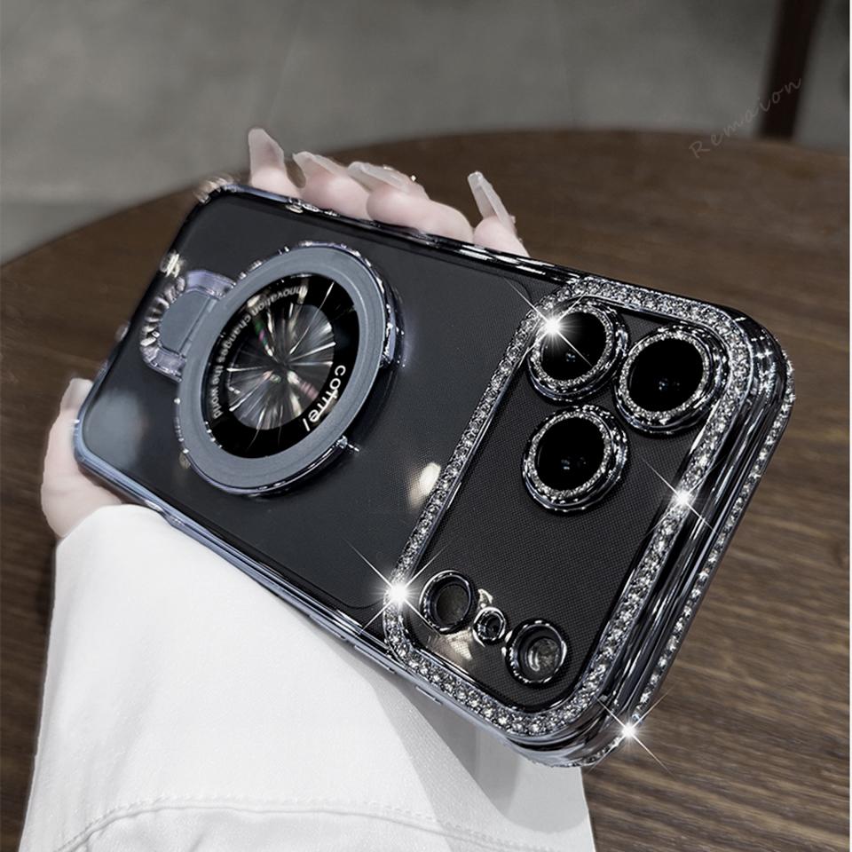 Magnetic Diamond Stand Case For iPhone 17 Air 16E 15 14 Plus 13 11 12 16 17 Pro Max Magsafe Bling Bling Glitter Protector Cover