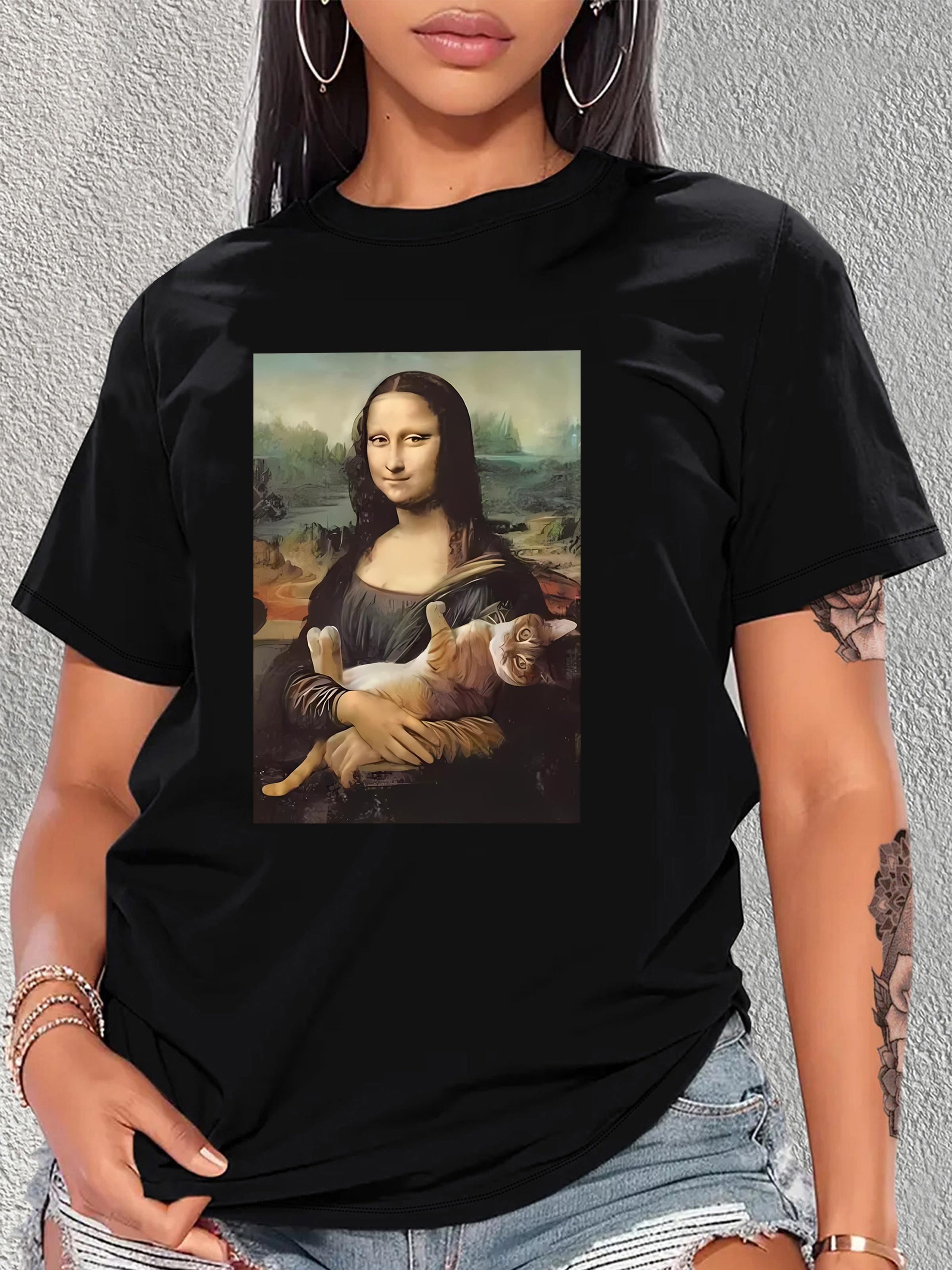 

Casual Unisex short T-shirt for women Oil painting Smooth and Kitten Artistic print Round neck black Women Harajuku 4XL