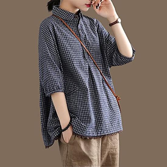 shirt for check pattern loose large summer [JQBFL] Short-sleeved women, blouse, summer, linen, cotton-linen shirt, fit, size, casual, cut-and-sew,